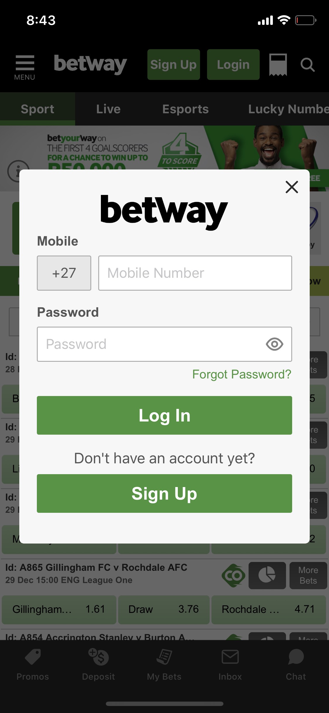 Logging in to Betway account