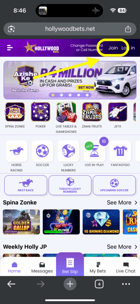 Hollywoodbets Sign Up Step 1 — click Join on the homepage