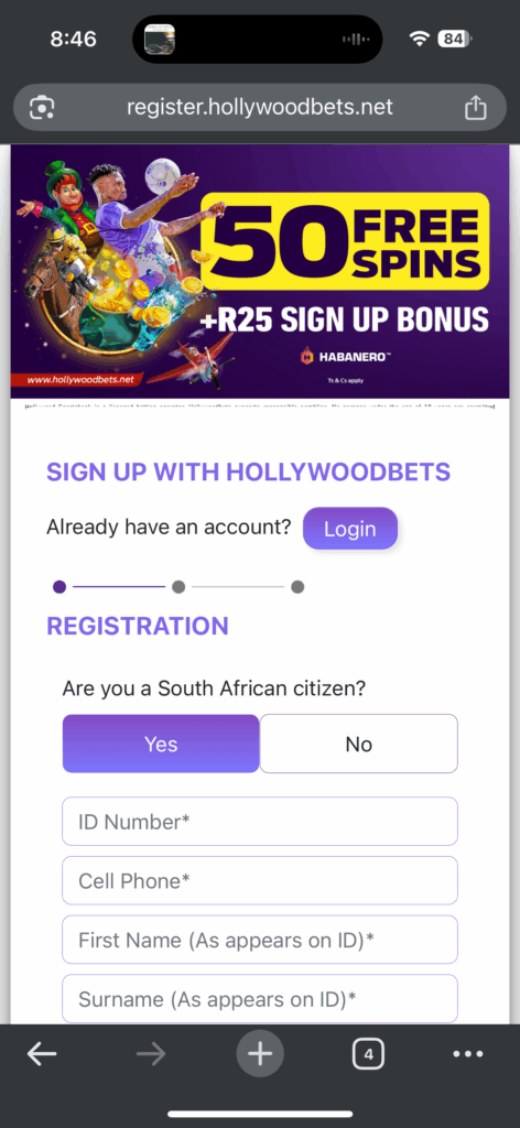 Hollywoodbets Sign Up Step 2 — enter personal details