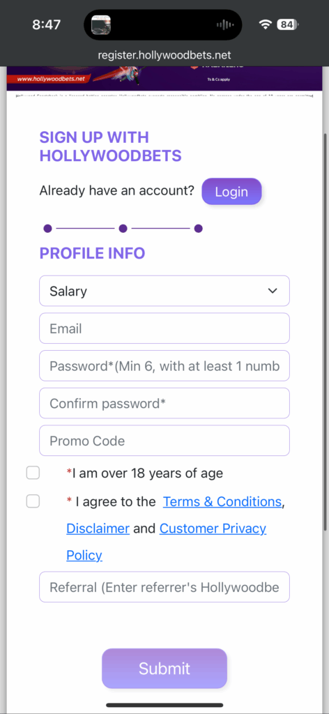 Hollywoodbets Sign Up Step 3 — set username and password