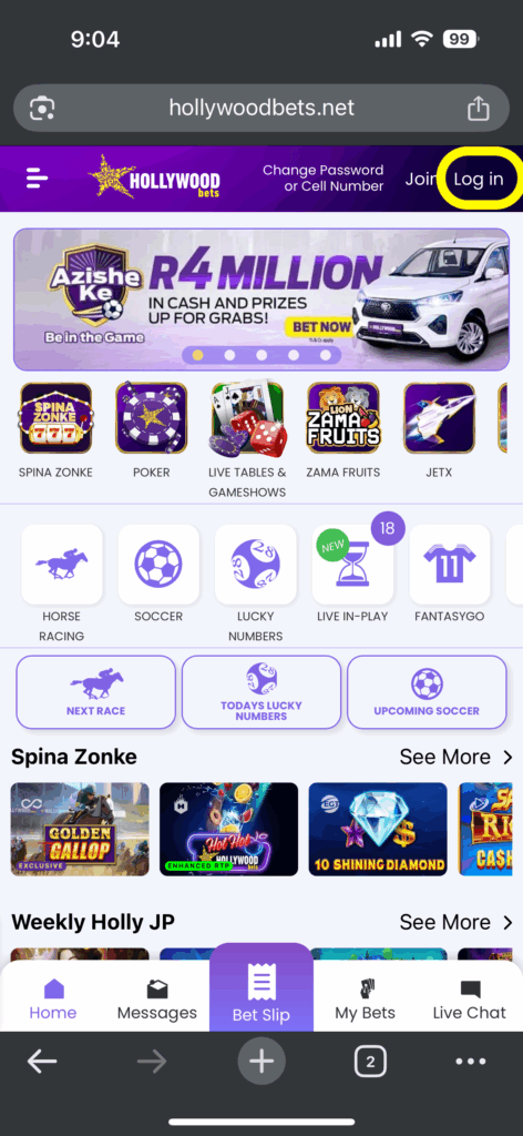 Hollywoodbets homepage login button screenshot