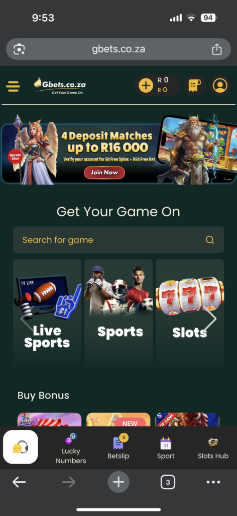 gbets welcome bonus of a R50 free bet + 50 free spins 
