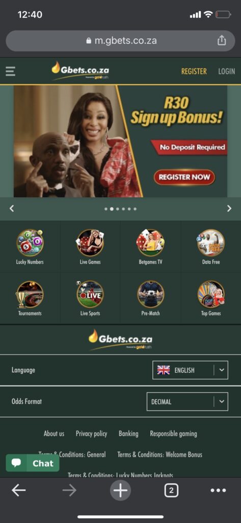 Gbets mobile homepage