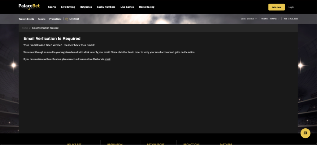 The palacebet page indicating your email verification 
