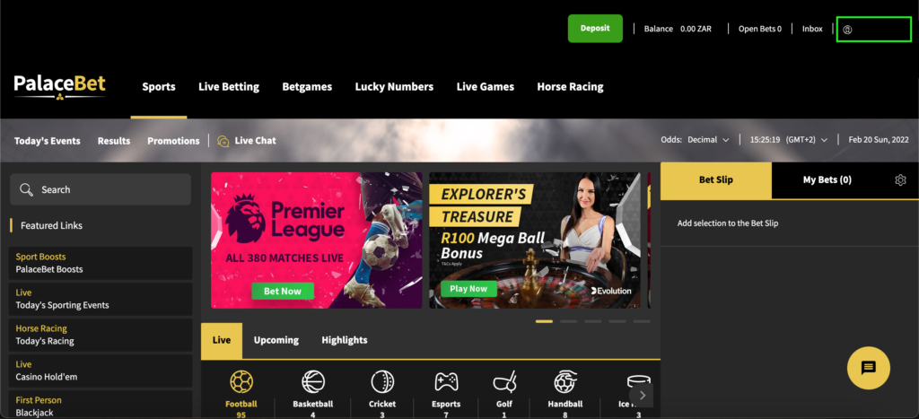 Green button indicating the players profile icon on the palacebet homepage