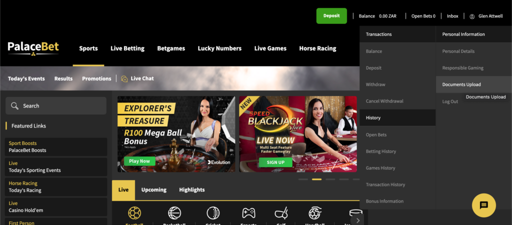 The Palacebet drop down menu highlighting the documents upload section