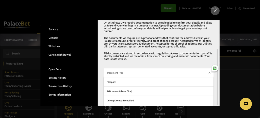 The palacebet FICA verification page showcasing where players can upload their FICA documentation 