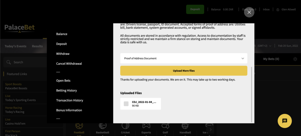 The Palacebet account verification page showing where players can uplaod a copy of their proof of address for verification