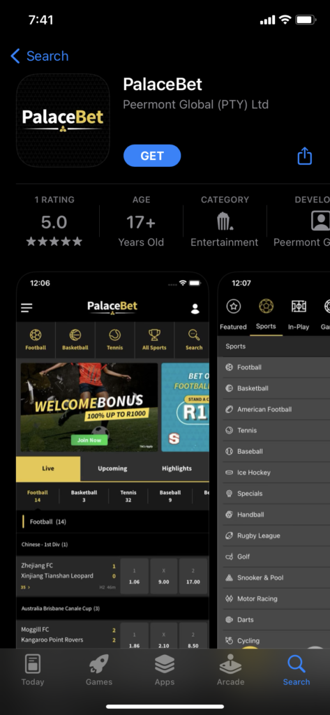 An image of the rating, age, and category in the IOS app store for the Palacebet mobile app 