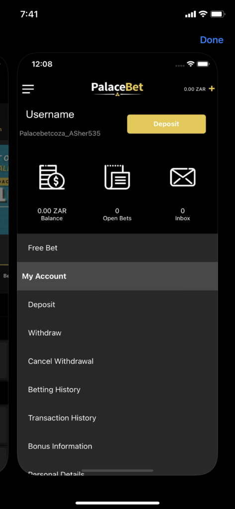 The user menu bar within the Palacebet mobile app 