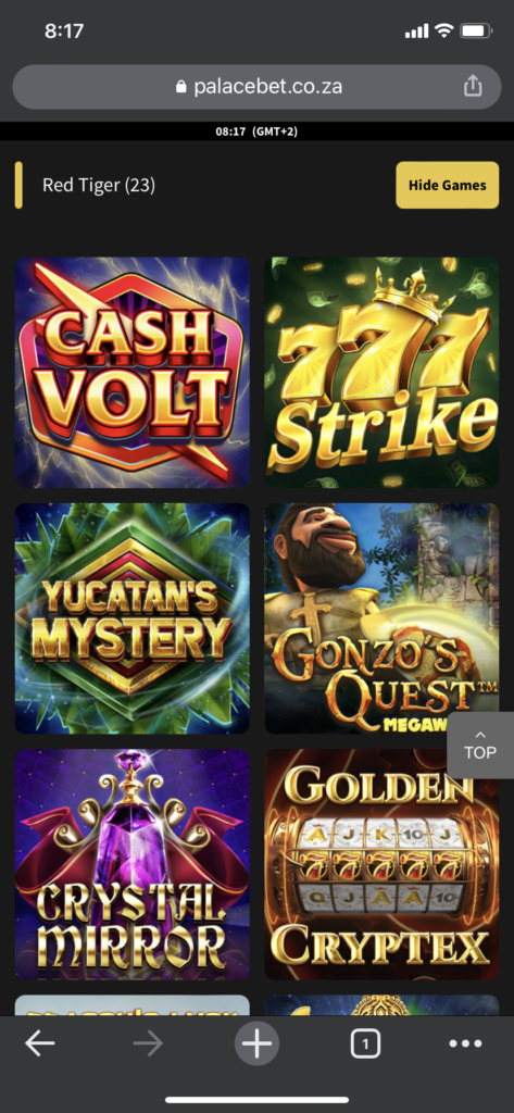 The Palacebet selection of casino slot game titles available on a mobile phone