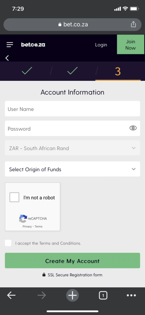 Bet.co.za sign up