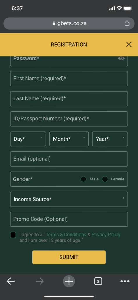 Gbets registration form