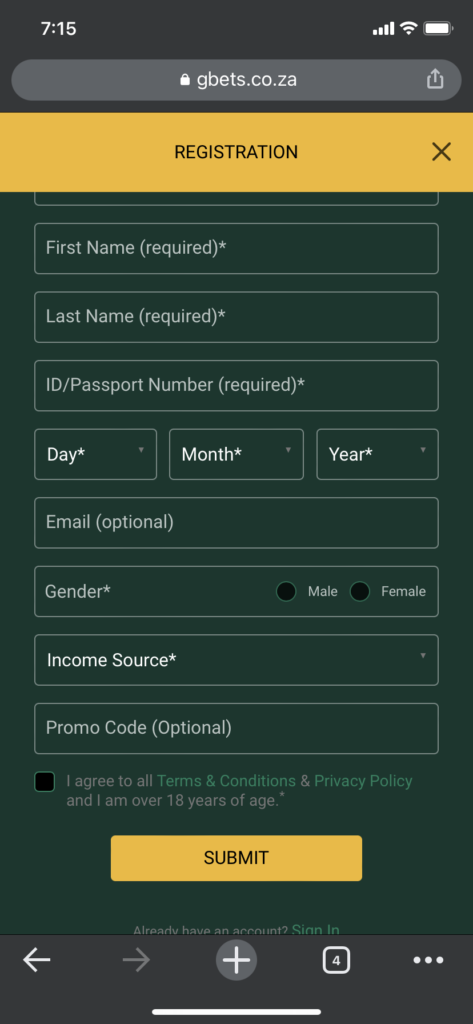 gbets registration form