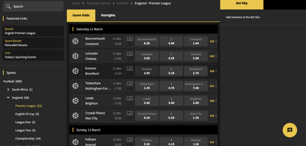 The palacebet premier league sports betting fixtures and odds 