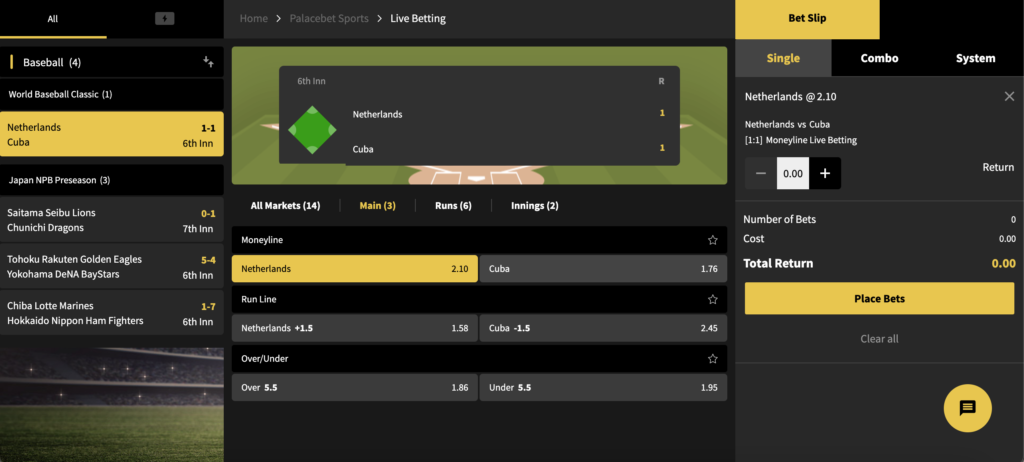 The palacebet live sports betting page showing where players can place real time live game bets