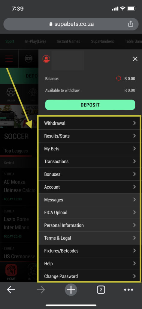 The Supabets user profile drop-down menu