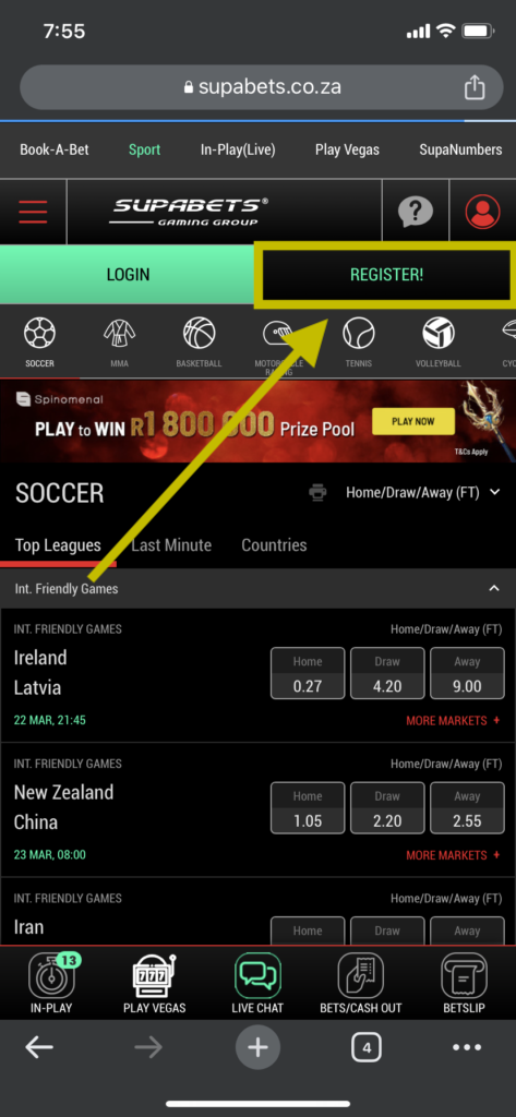 The Supabets sign-up button location from your mobile phone 