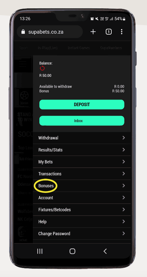 The Supabets Bonus page located under your players profile 