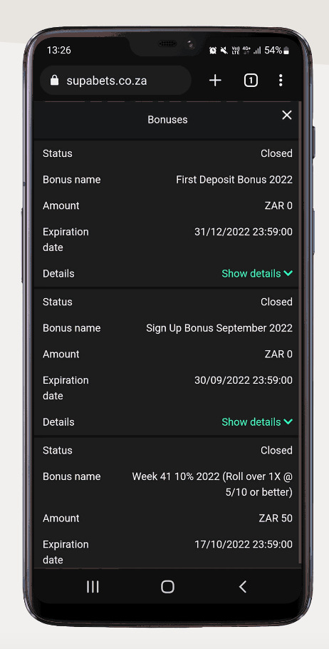 The list of active Supabets bonuses on your profile 