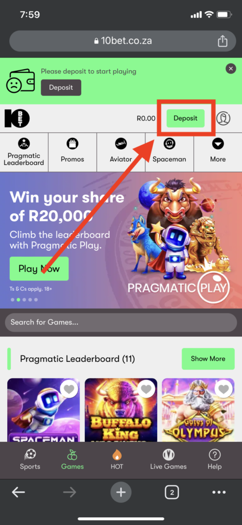 An arrow showing the 10bet homepage where players can click to make a deposit from their mobile device 