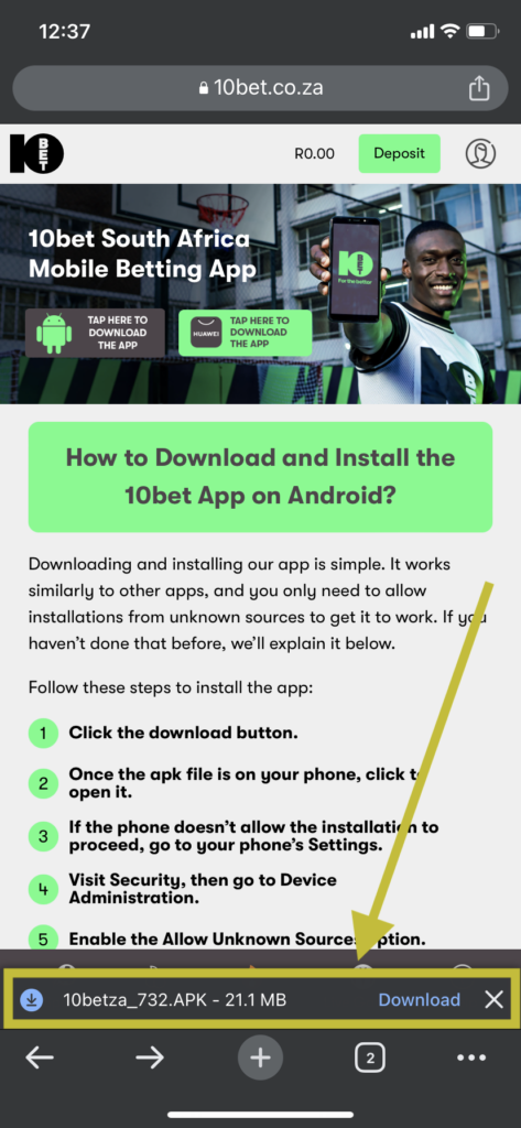 Arrow indicating the downloading of the 10bet mobile app apk file 