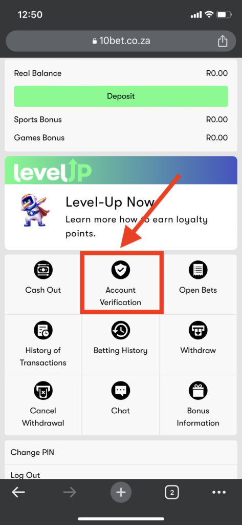 The 10bet account verification button from a mobile device. Here players can easily upload their ID documents for account verification