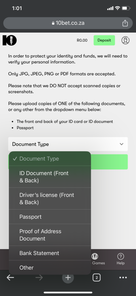 The 10bet account verification page from a mobile device. The drop-down menu showing all of the available ID document types a player can upload 