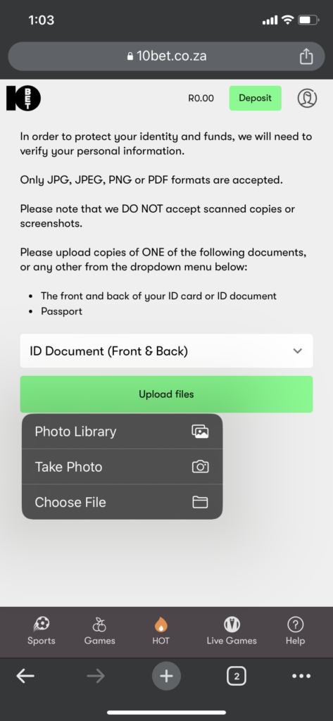 The 10bet account verification page from a mobile device showing how you can upload a document from your photo library, or take a photo