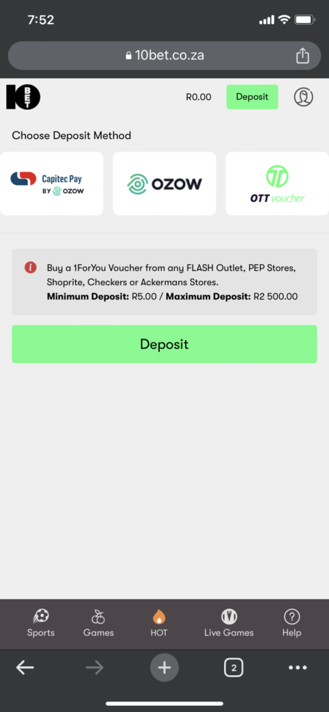 The deposit payment methods available at 10bet when depositing from your mobile device 