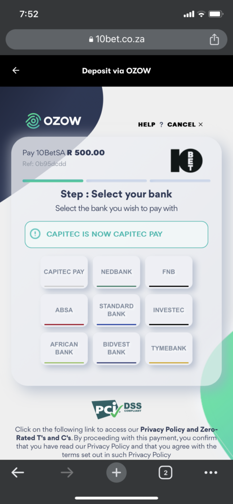 The list of available South african banks when using Ozow as a deposit payment method on your mobile phone with 10bet 