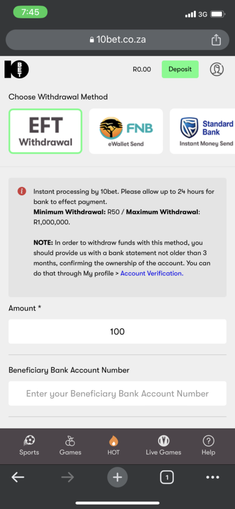 A list of all the available withdrawal methods at 10bet from a mobile phone 