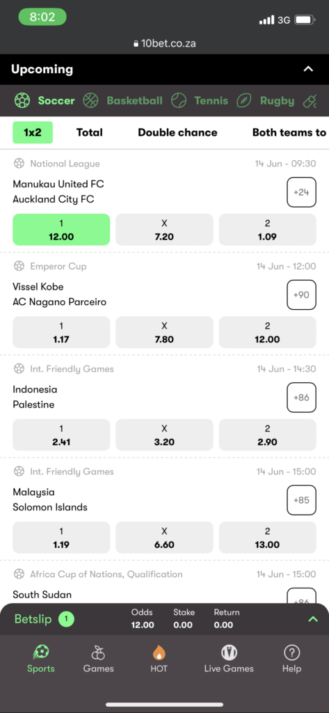 The sports betting on offer at 10bet from a mobile phone 