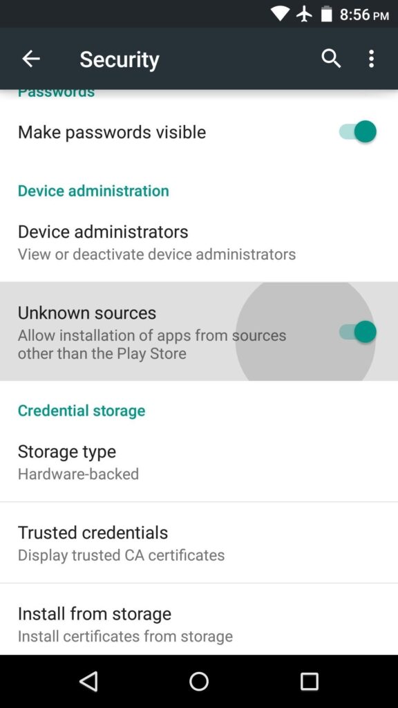 The settings page on your android device showing where you can enable "unknown sources" for app donwload