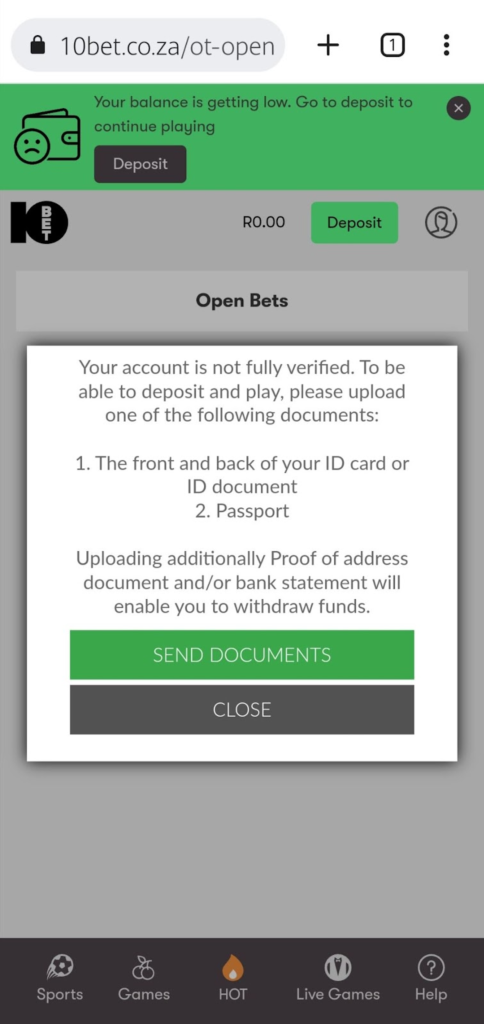 The 10bet built-in account verification form from a mobile device 