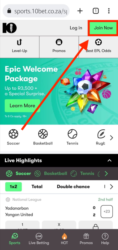 The 10bet homepage from a mobile device 