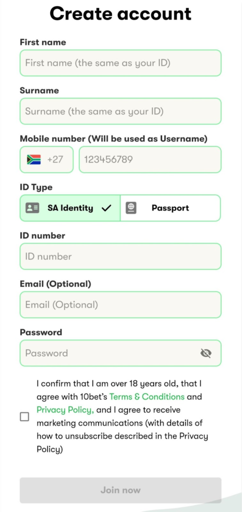 The 10bet sign up page from a mobile device.