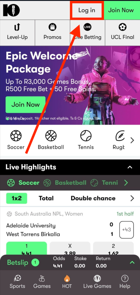 The 10bet homepage from a mobile device showing users where they can click to log in