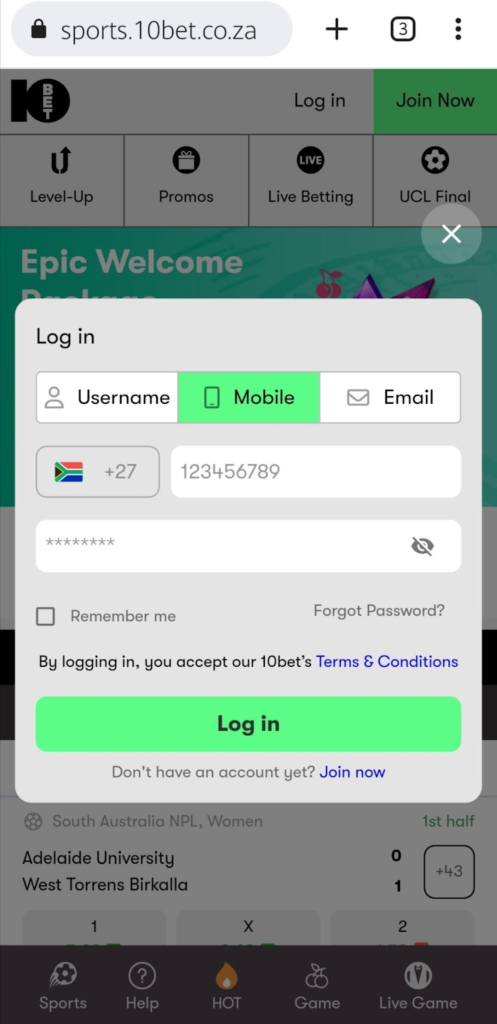 The 10bet login screen from a mobile device 