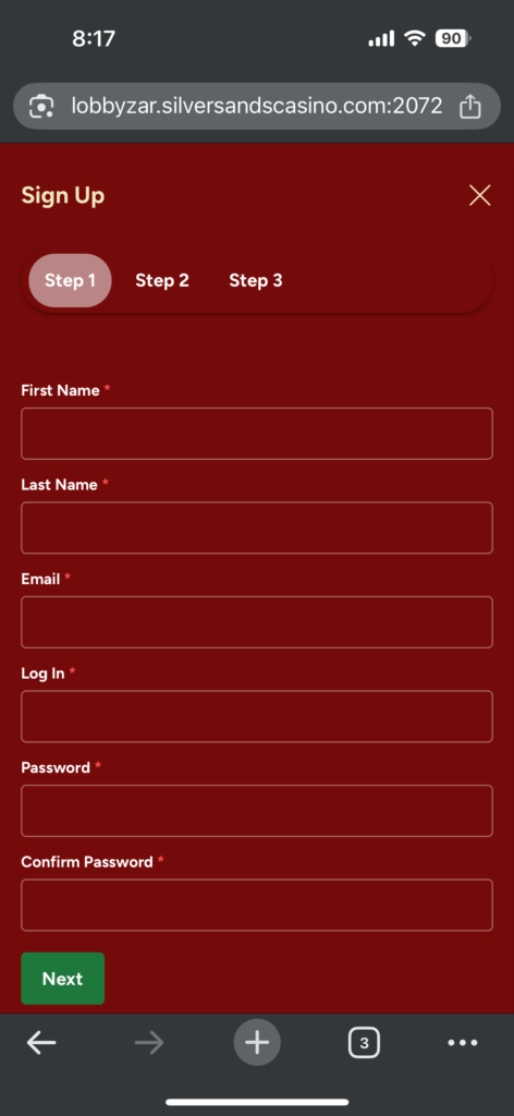 silversands casino sign up process on a mobile phone