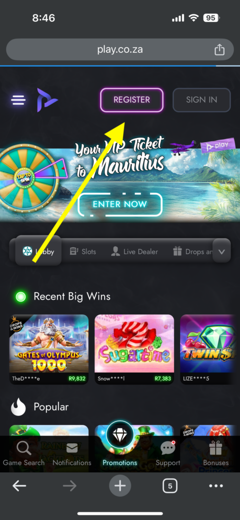 Play.co.za sign up process via a mobile phone 