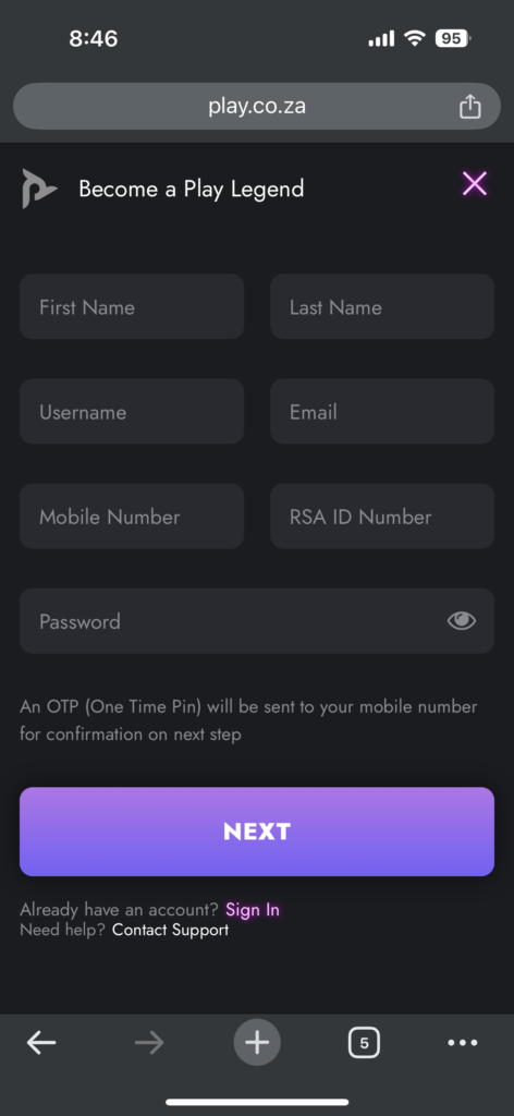play.co.za sign up process