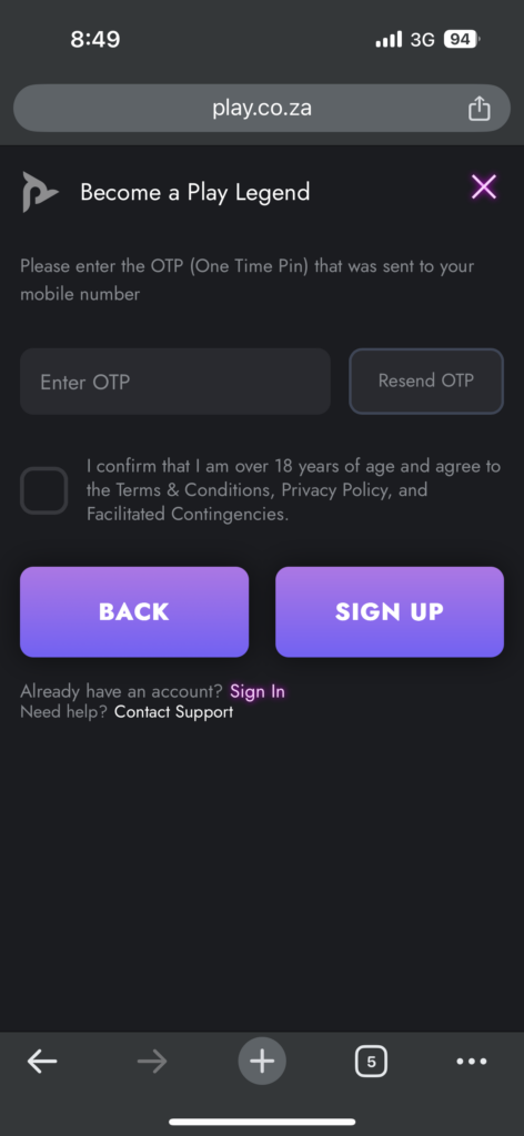 play.co.za sign up process