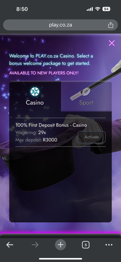 play.co.za welcome bonus
