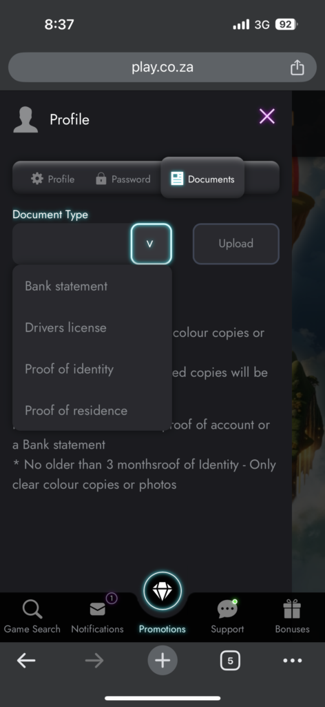 verifying your play.co.za profile from the mobile site 
