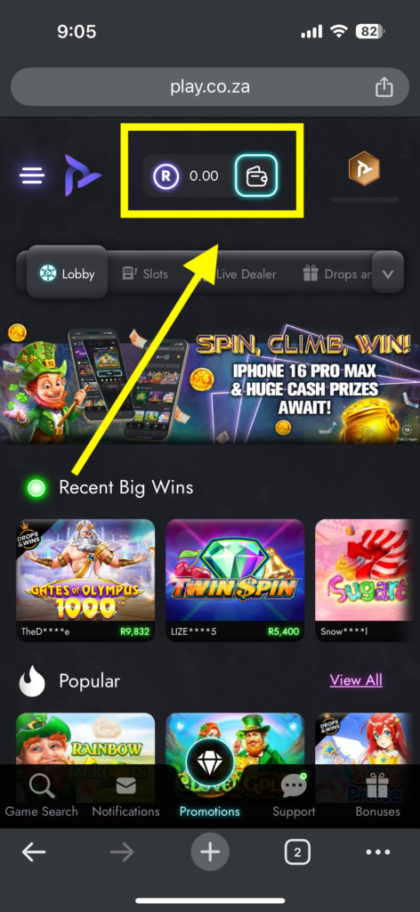 play.co.za deposit payment process on a mobile device