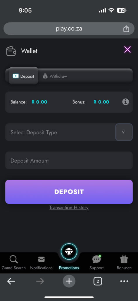 play.co.za deposit payment process on a mobile device