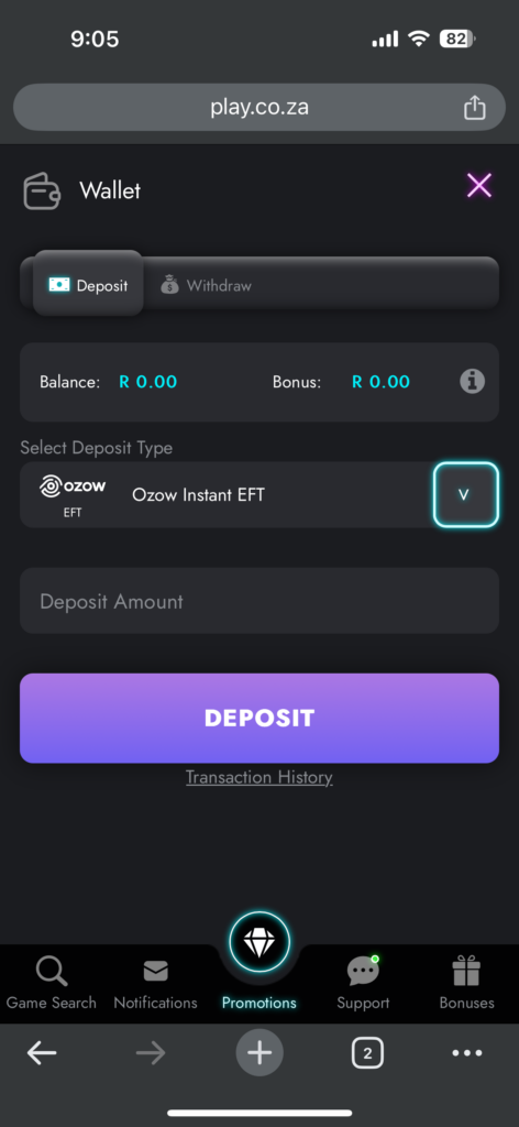play.co.za deposit payment process on a mobile device