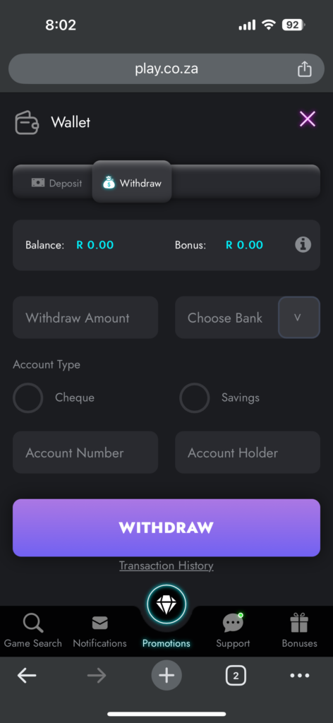 play.co.za withdrawal payment methods
