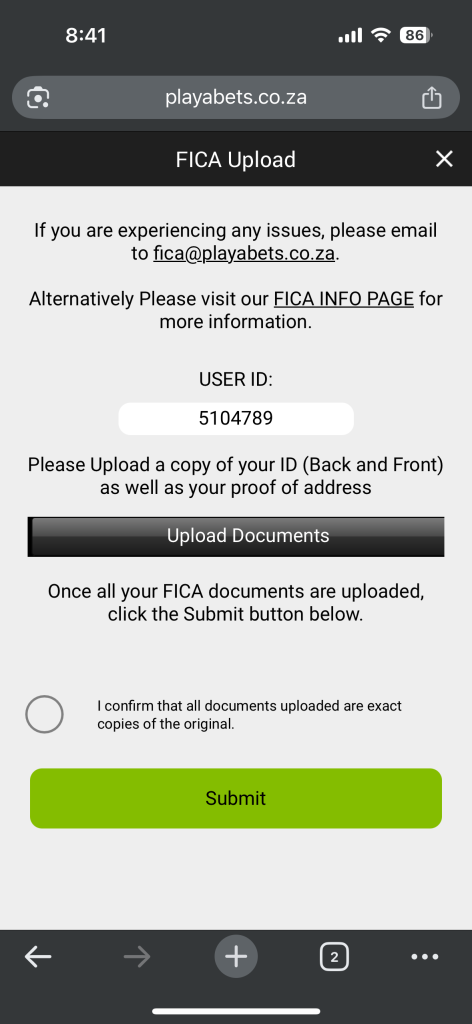 playabets fica verfication page
